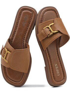 Women's Brown 1 Square Toe Flat Sandals Slides Dressy Comfortable for Beach